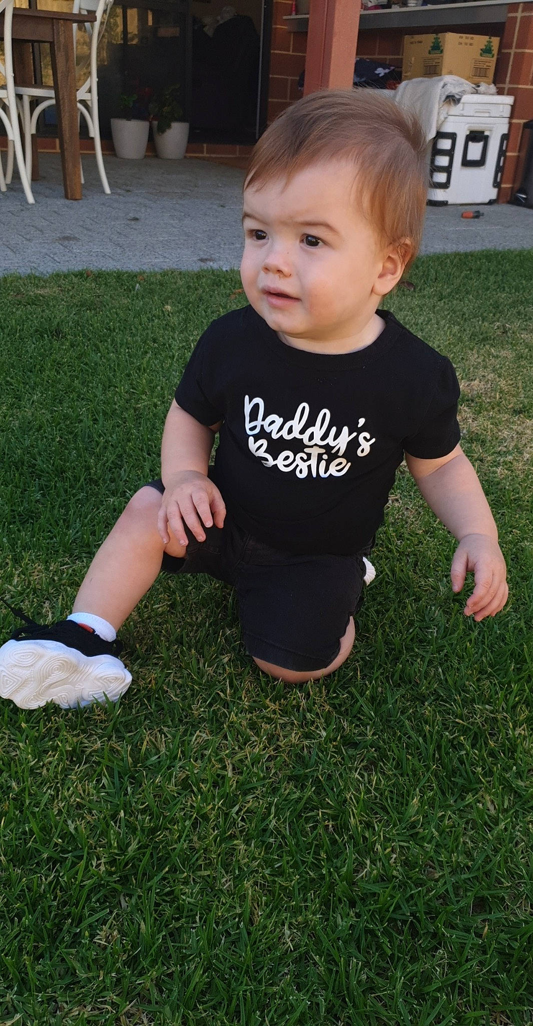 Kylar joined the competition — help win amazing prizes! arm, baby, baby_toddler_clothing, child, cool, fun, grass, head, lawn, leg, person, plant, product, sitting, sleeve, smile, summer, t_shirt, toddler, yard