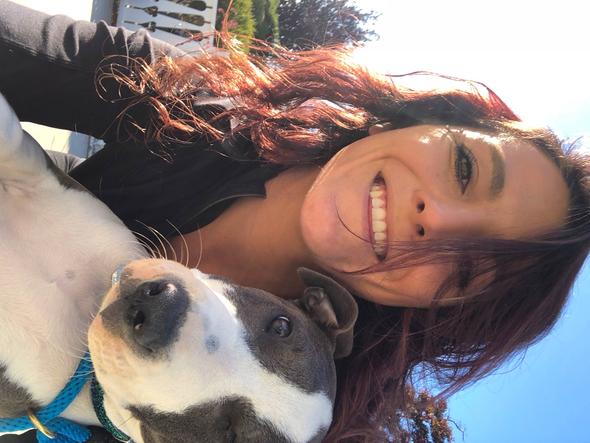 Luna is registered to the contest to win money with this photo: black_hair, carnivore, companion_dog, eye, eyebrow, eyelash, eyewear, fawn, flash_photography, happy, head, light, lip, people_in_nature, plant, selfie, sky, smile, sunglasses, tree