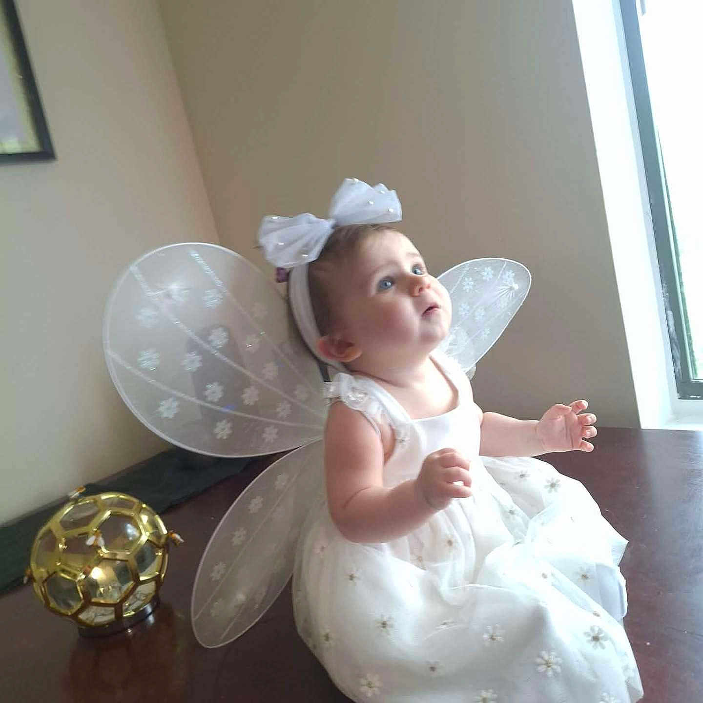 Aurora joined the competition — help win amazing prizes! baby, child, fairy_wings, white_dress, bow_headband, indoor, window, wooden_surface, decorative_ball, golden_ball, curious, portrait, cute, costume, infant, sitting, face, headband, light, home