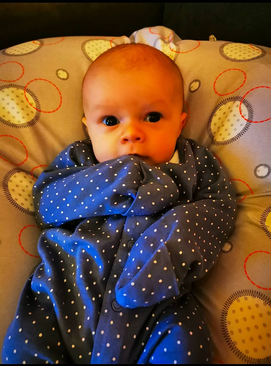 Alfie joined the competition — help win amazing prizes! baby, baby_toddler_clothing, cheek, child, circle, comfort, electric_blue, happy, linens, pattern, person, product, room, sitting, sleeve, textile, toddler