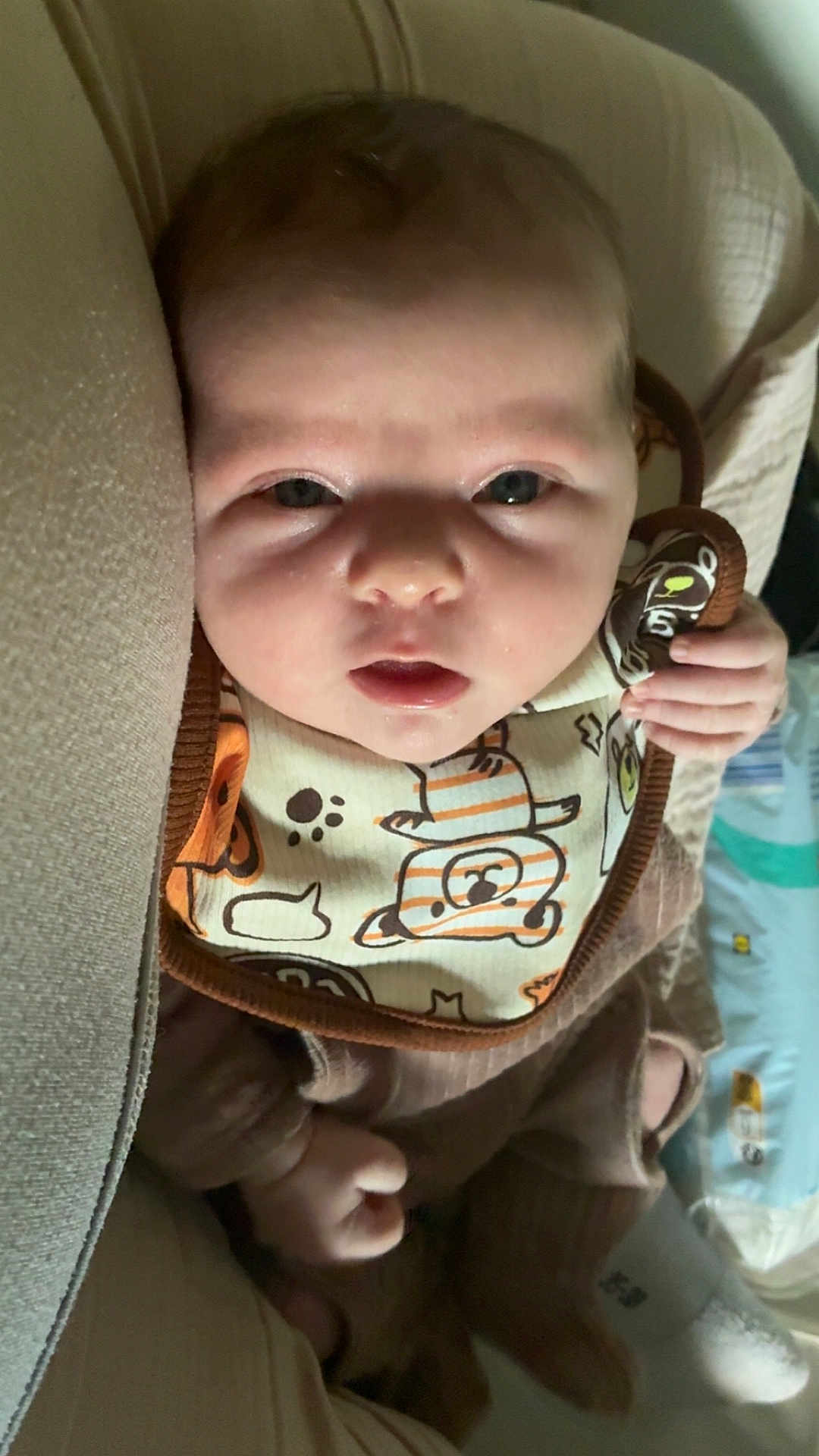 Alliyah a rejoint le concours — aidez-le/la à gagner de superbes lots ! baby, infant, face, bib, clothing, hand, cushion, soft_furniture, indoors, person, newborn, lying_down, curious, cute, patterned_bib, brown_outfit, close_up, baby_item, soft_lighting, portrait