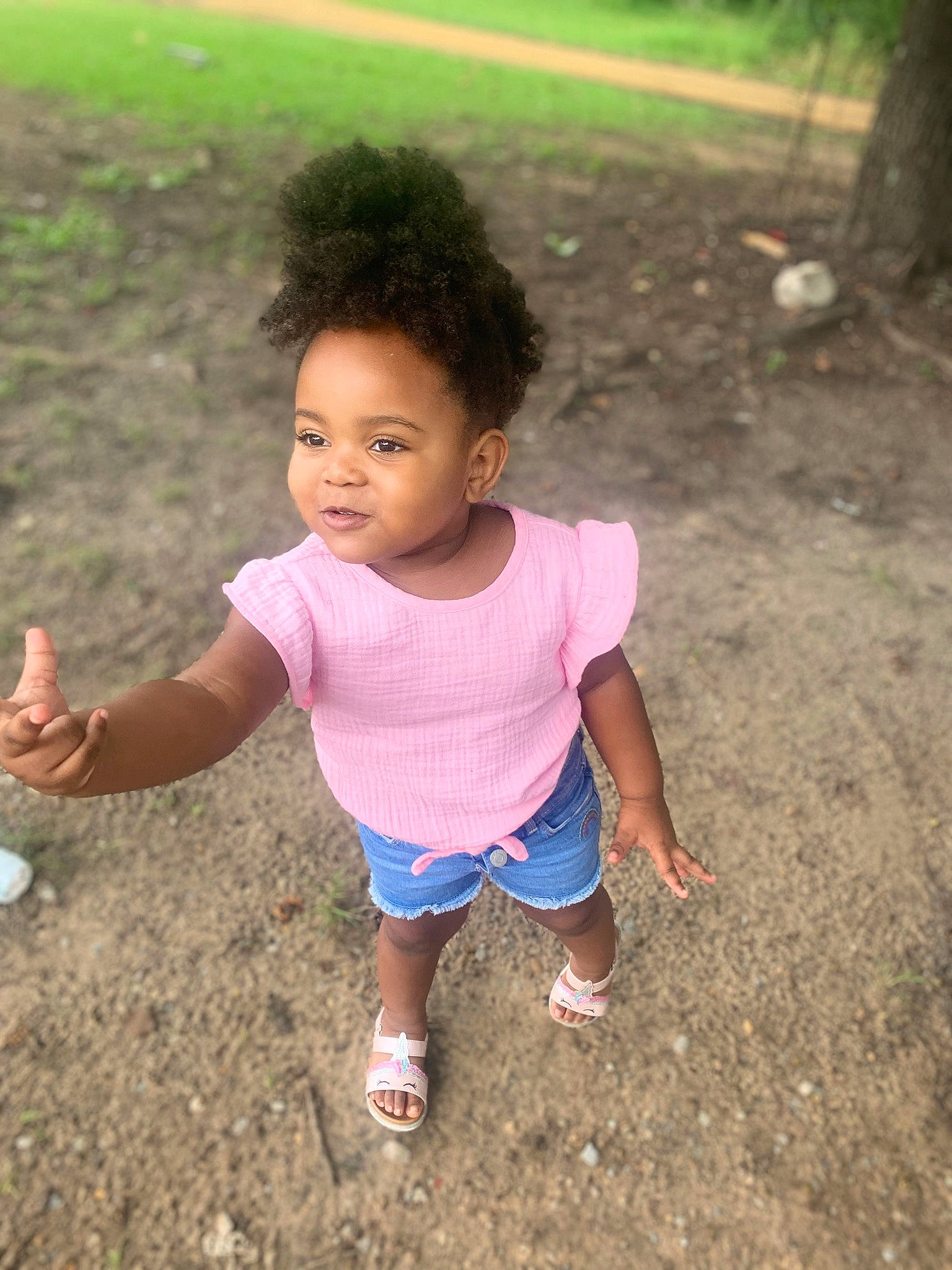 Marianna joined the competition — help win amazing prizes! arm, baby_toddler_clothing, chin, face, finger, grass, hair, hairstyle, hand, happy, leaf, leg, leisure, people_in_nature, person, pink, skin, sleeve, smile, standing