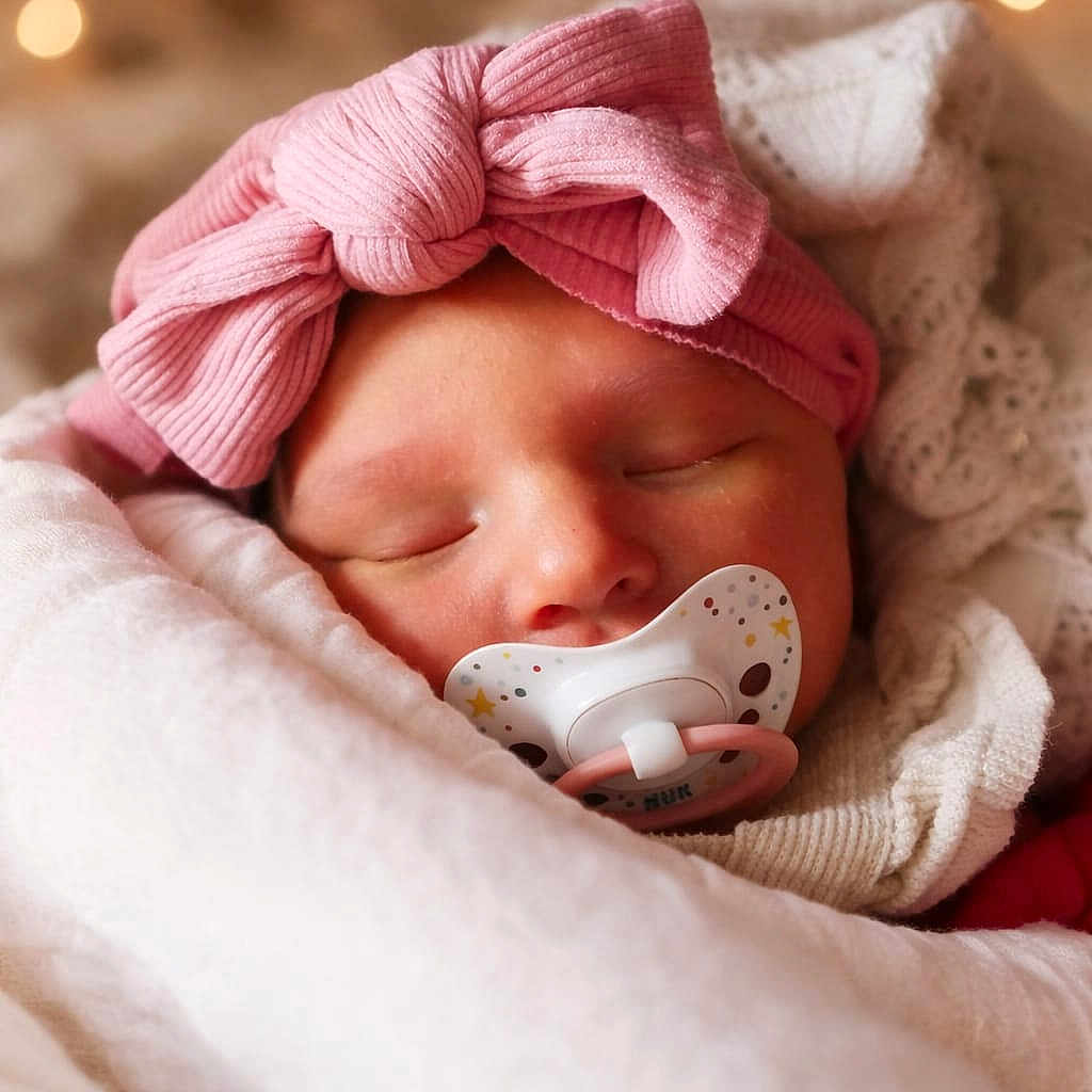 Ohana a rejoint le concours — aidez-le/la à gagner de superbes lots ! baby, newborn, pacifier, pink_bow, blanket, sleeping, face, headband, closeup, soft_texture, bokeh, warm_lighting, cozy, infant, cute, portrait, wrapped, peaceful, indoors, baby_accessory