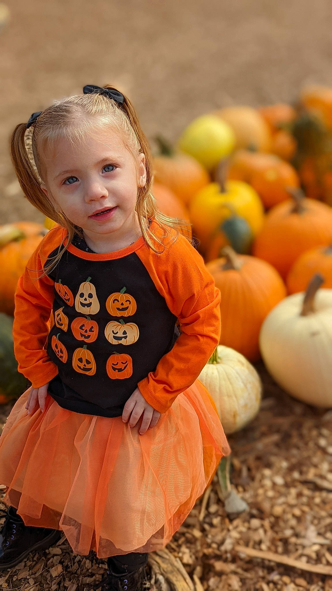 Giana joined the competition — help win amazing prizes! baby_toddler_clothing, calabaza, child, cucurbita, dress, facial_expression, gourd, grass, happy, natural_foods, orange, people_in_nature, person, plant, pumpkin, sitting, sleeve, squash, toddler, vegetable