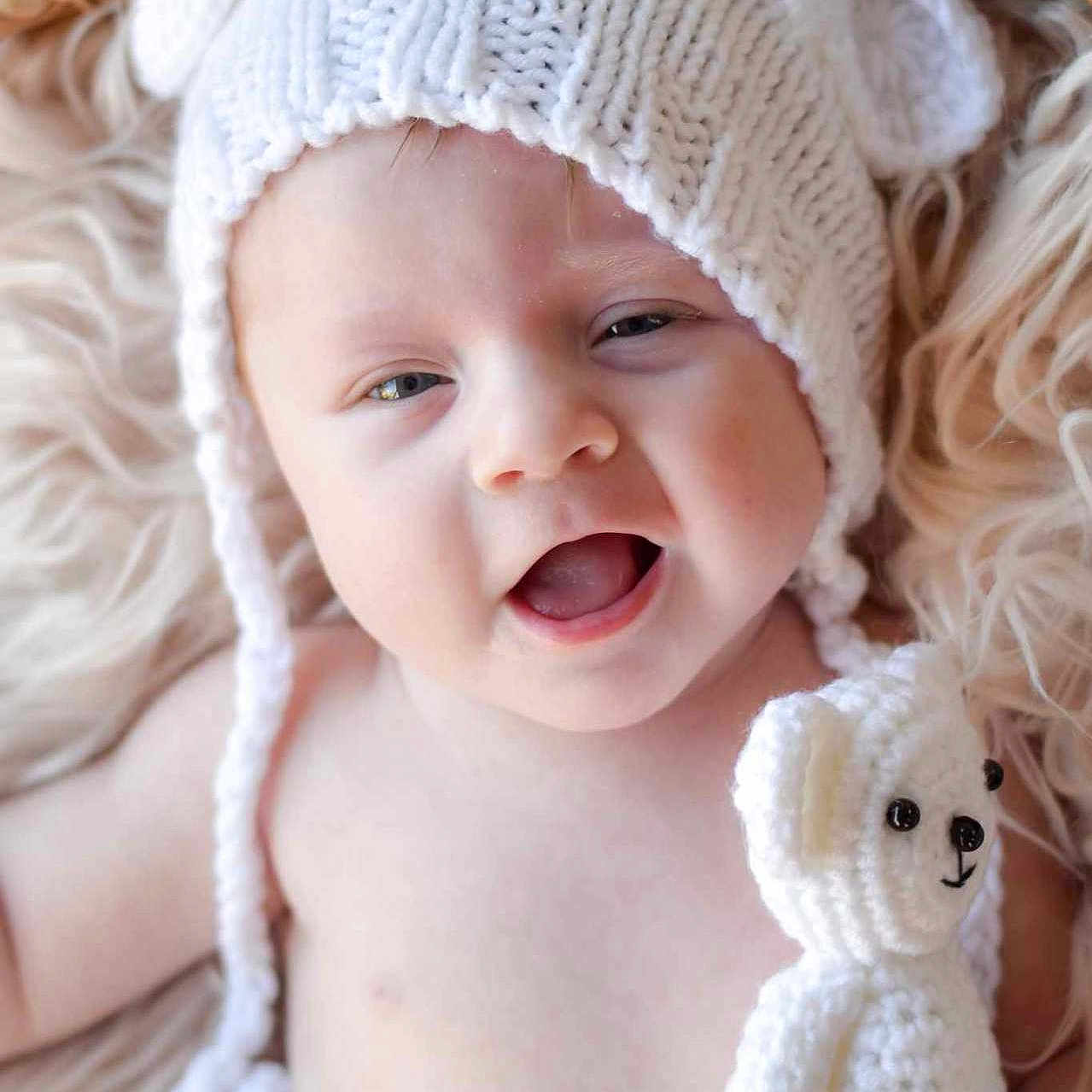 Gracelynn joined the competition — help win amazing prizes! accessories, baby, babylaughing, bonnet, cap, clothing, costume, face, happy, hat, head, jewelry, necklace, newborn, person, photography, portrait, smile, teddybear, toy