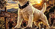 Ribellu participe au concours pour gagner de l'argent avec cette photo : dog, canine, standing, rock, village, town, sunset, mountains, church, tower, architecture, poster, movie_poster, dramatic, action, comedy, paw_print, collar, outdoor, text_overlay