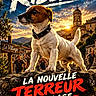 dog, canine, standing, rock, village, town, sunset, mountains, church, tower, architecture, poster, movie_poster, dramatic, action, comedy, paw_print, collar, outdoor, text_overlay