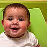 baby, cheeks, child, cute, ears, eyes, face, green_chair, happy, head, indoor, infant, mouth, person, portrait, sitting, skin, smiling, toddler, white_shirt
