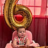 baby, balloon, birthday, celebration, child, curtains, cute, face, food, gold_balloon, hand, happy, high_chair, indoor, meat, number_six, pink, portrait, steak, strawberry_print