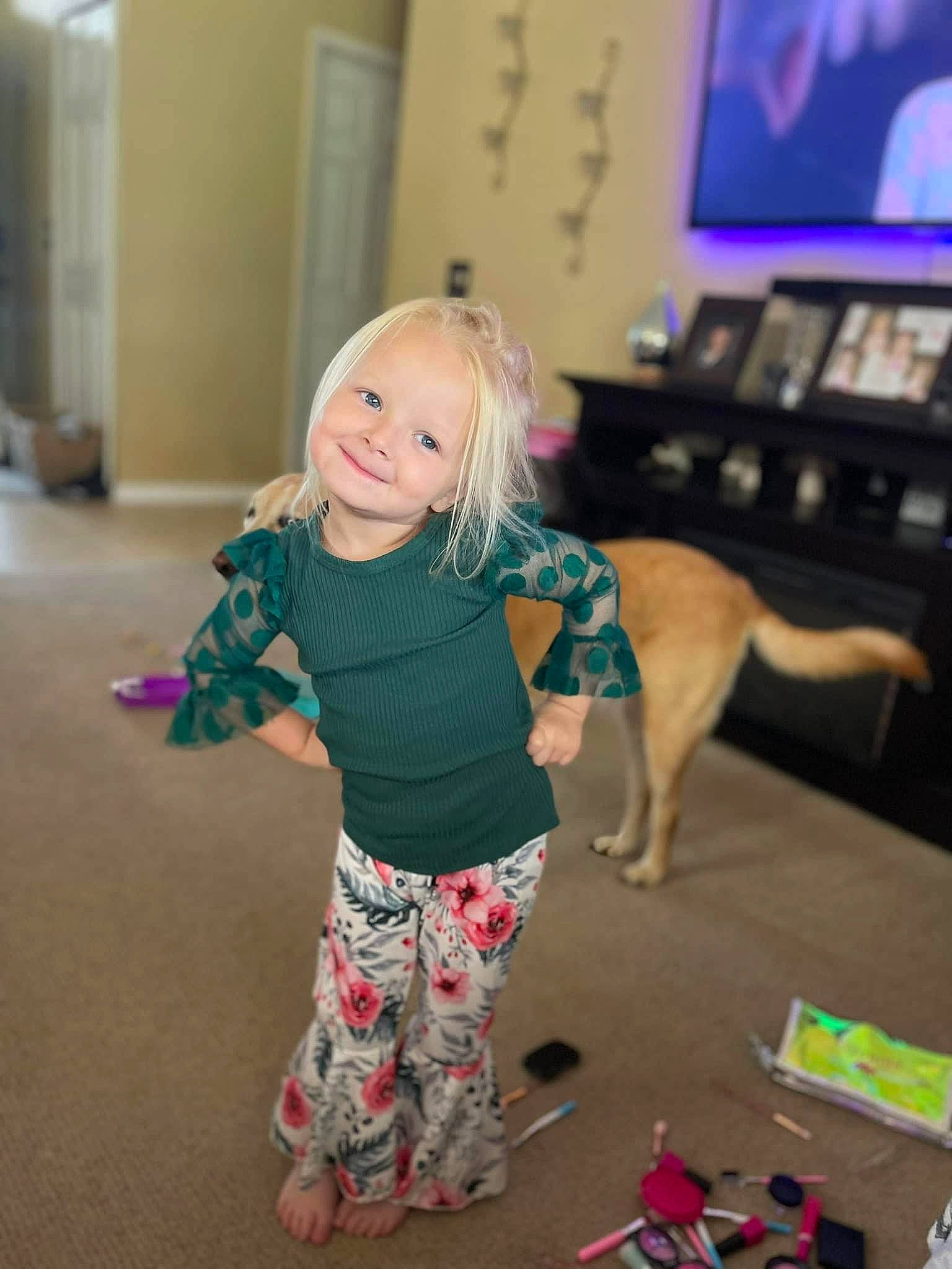 Layla joined the competition — help win amazing prizes! child, event, floor, flooring, fun, happy, hardwood, human_leg, joy, leisure, magenta, mammal, person, pink, purple, room, sitting, smile, standing, t_shirt