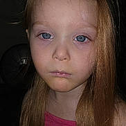 Bookie joined the competition — help win amazing prizes! child, girl, blue_eyes, red_hair, long_hair, portrait, serious_expression, pink_clothing, indoor, dark_background, face, person, closeup, child_portrait, skin, hair, young, head, eyelashes, nostrils