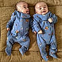 baby, twins, blue_onesie, fox_print, carrot_print, blanket, brown, cute, smiling, tongue_out, lying_down, infant, child, happy, playful, matching_clothes, cozy, texture, portrait, indoors