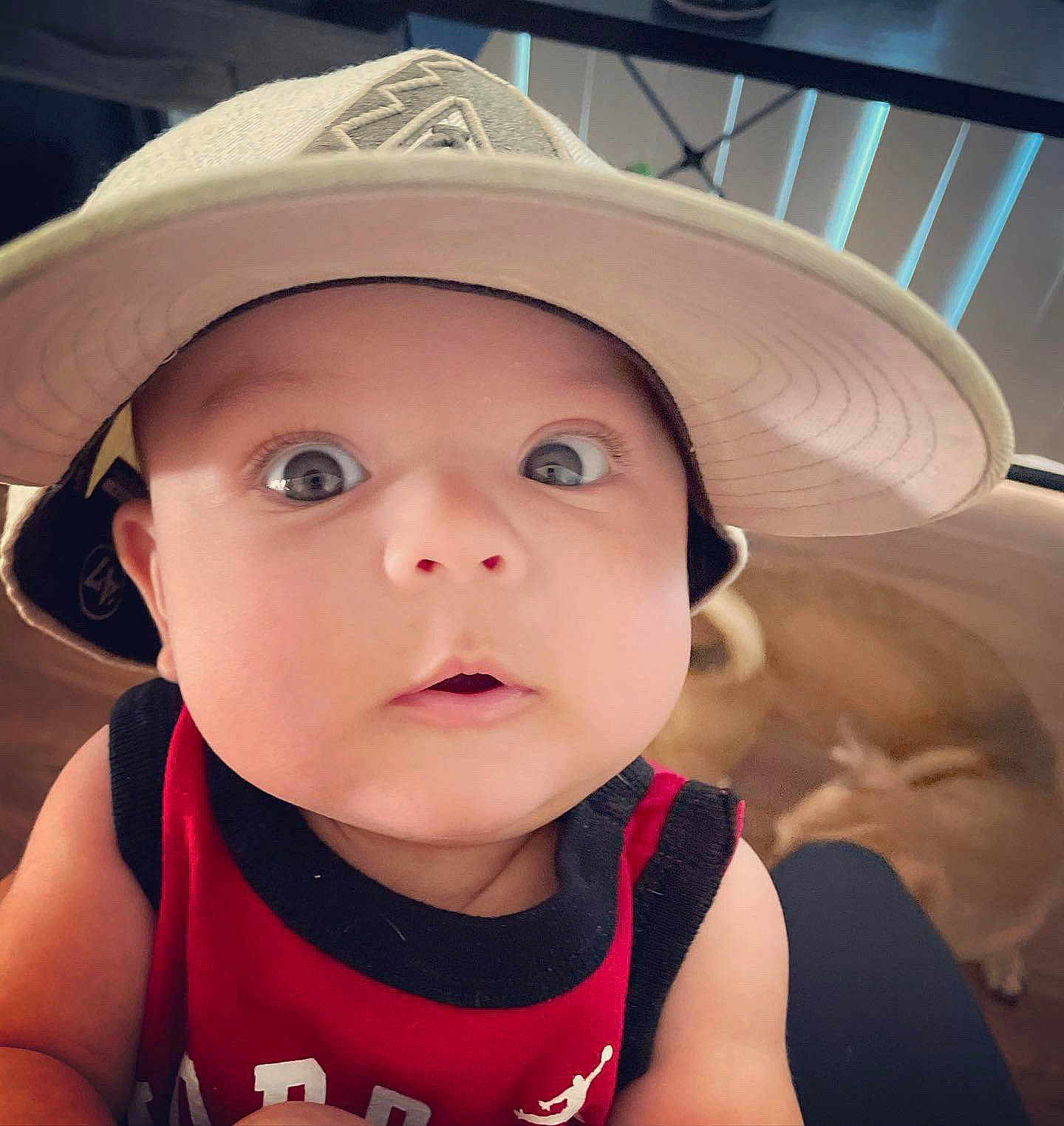 Noah is registered to the contest to win money with this photo: baby, baby_toddler_clothing, cap, cheek, chin, clothing, eye, eyebrow, eyelash, face, happy, hat, head, headwear, iris, lip, mouth, nose, person, skin