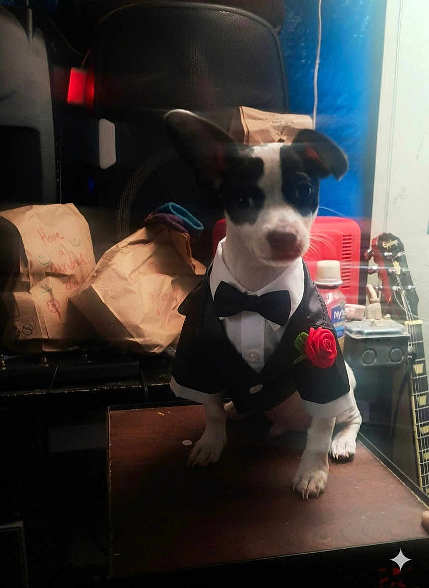 Baby joined the competition — help win amazing prizes! dog, tuxedo, bow_tie, red_rose, table, paper_bags, guitar, bottle, indoor, pet, black_and_white_dog, small_dog, costume, fancy, animal, sitting, portrait, decor, accessory, cute