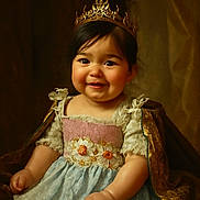 Chantelle is registered to the contest to win money with this photo: baby, child, crown, dress, smile, portrait, royalty, flower, costume, happy, cute, indoors, person, infant, fabric, skin, face, gold, background, warm_lighting