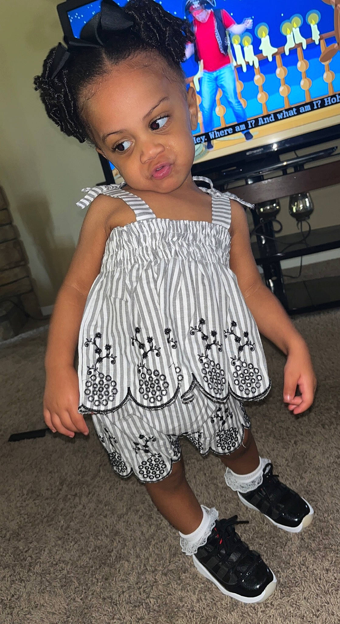 Demi Brooke is registered to the contest to win money with this photo: baby_toddler_clothing, day_dress, dress, eye, eyelash, fashion_design, flash_photography, fun, hair, happy, head, human_leg, neck, one_piece_garment, pattern, person, skin, sleeve, t_shirt, toddler