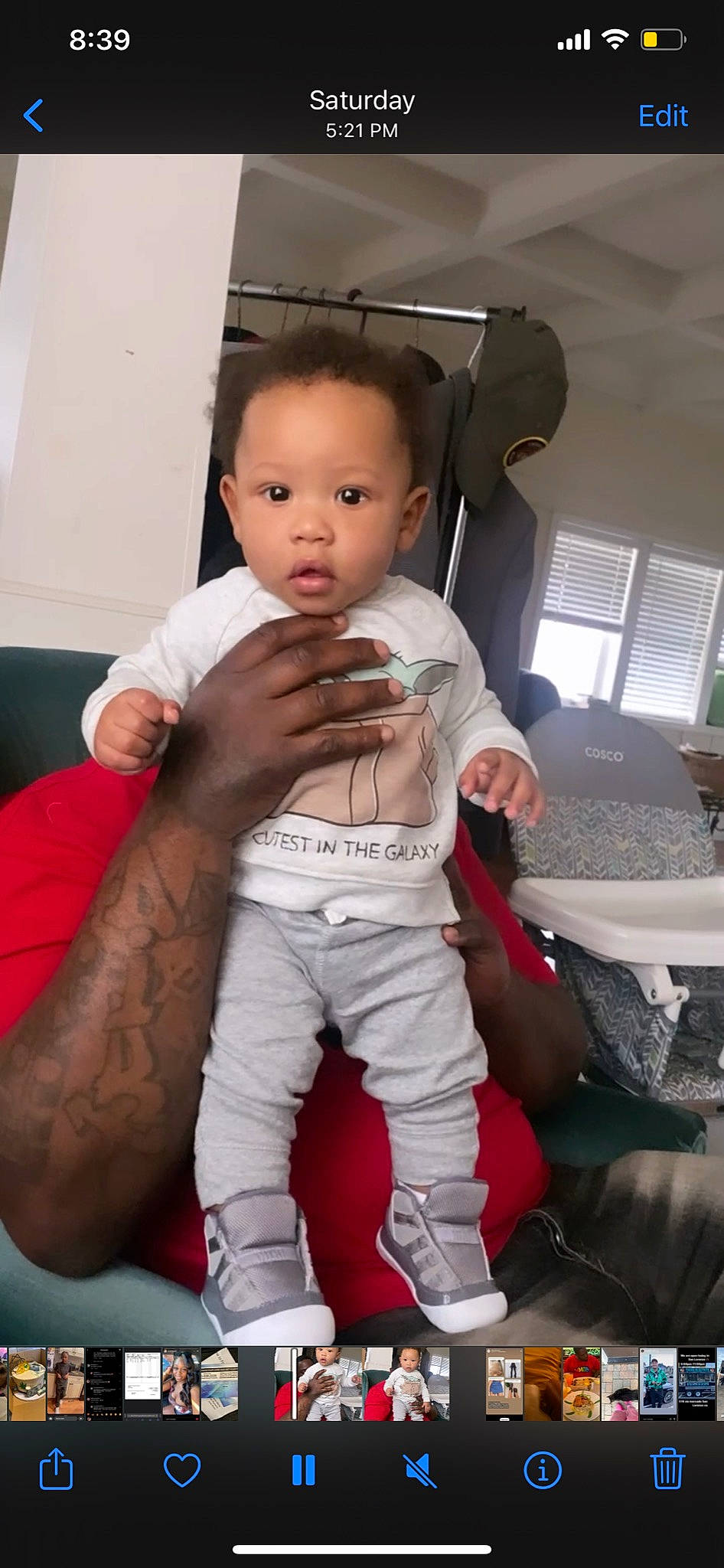 Cairo is registered to the contest to win money with this photo: baby, baby_toddler_clothing, carmine, comfort, finger, fun, gesture, hairstyle, hand, human_leg, joint, knee, person, room, sitting, sleeve, t_shirt, thigh, thumb, toddler