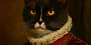 Doug is registered to the contest to win money with this photo: animal, black_and_white, cat, close_up, clothing, costume, elegant, feline, golden_eyes, historical_style, indoor, majestic, pet, portrait, red_velvet, regal, ruffled_collar, serious, studio_lighting, whiskers