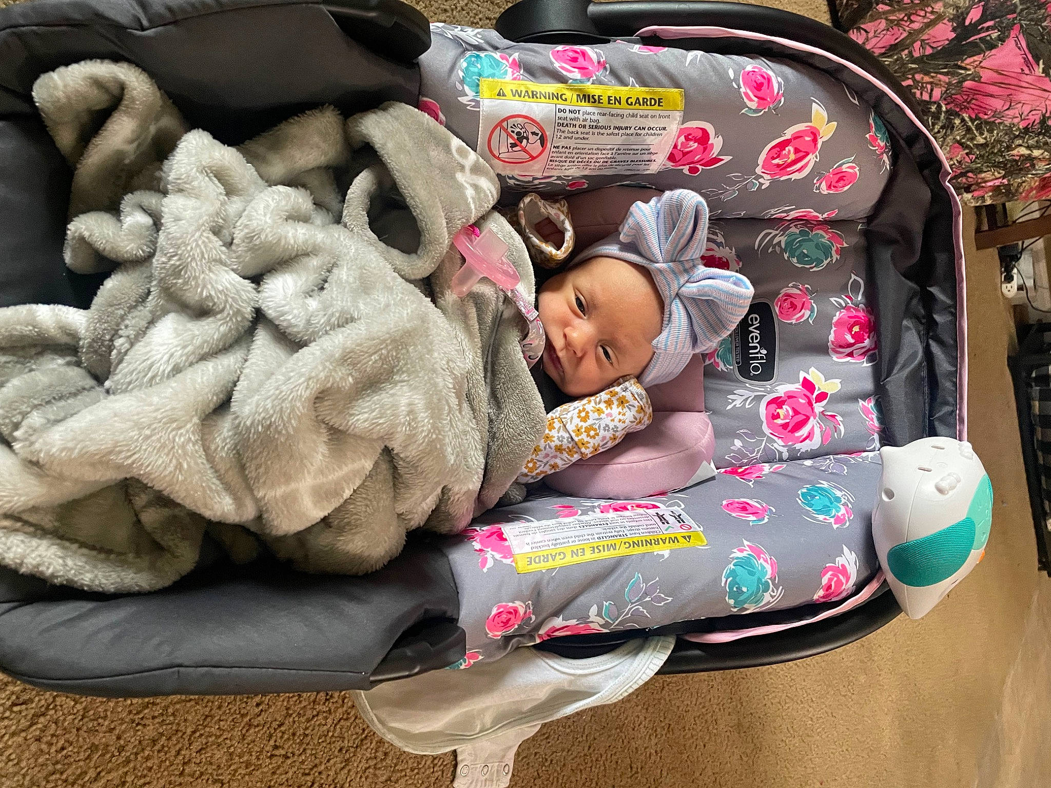 Mckenna joined the competition — help win amazing prizes! art, baby, baby_carriage, baby_products, baby_toddler_clothing, car_seat, child, comfort, fur, headgear, headwear, linens, pattern, person, pink, room, sitting, textile, toddler, tree