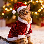 Buddy is registered to the contest to win money with this photo: cat, tabby_cat, christmas_hat, santa_claus_costume, holiday, festive, christmas_tree, bokeh, snow, pet, animal, cute, indoors, celebration, seasonal, red_clothing, white_fur_trim, sitting, fur, whiskers