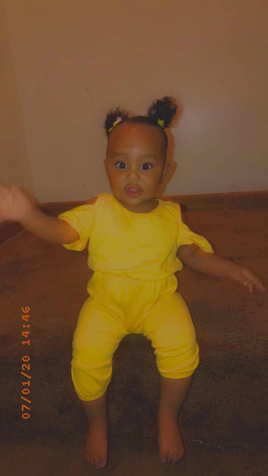 Kamari joined the competition — help win amazing prizes! arm, baby, child, fun, head, joint, leg, person, skin, standing, surprise, toddler, yellow