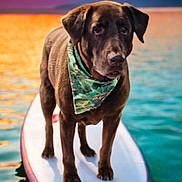 Clyde joined the competition — help win amazing prizes! adventure, animal, bandana, brown_dog, calm, canine, dog, floating, labrador, lake, nature, outdoor, paddleboard, pet, reflection, scenic, serene, summer, sunset, water