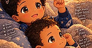 Ario joined the competition — help win amazing prizes! children, boys, illustration, digital_art, curly_hair, smiling, baby, toddler, portrait, lying_down, bedtime, blanket, bedroom, cozy, teddy_bears, thumbs_up, hearts, stars, warm_lighting, text_overlay