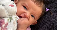 Julietta joined the competition — help win amazing prizes! baby, child, infant, portrait, smiling, awake, hand, fist, pony_tail, hair, pink_clothing, blanket, floral_pattern, plush_toy, bunny, soft_blanket, cozy, lying_down, indoor, close_up