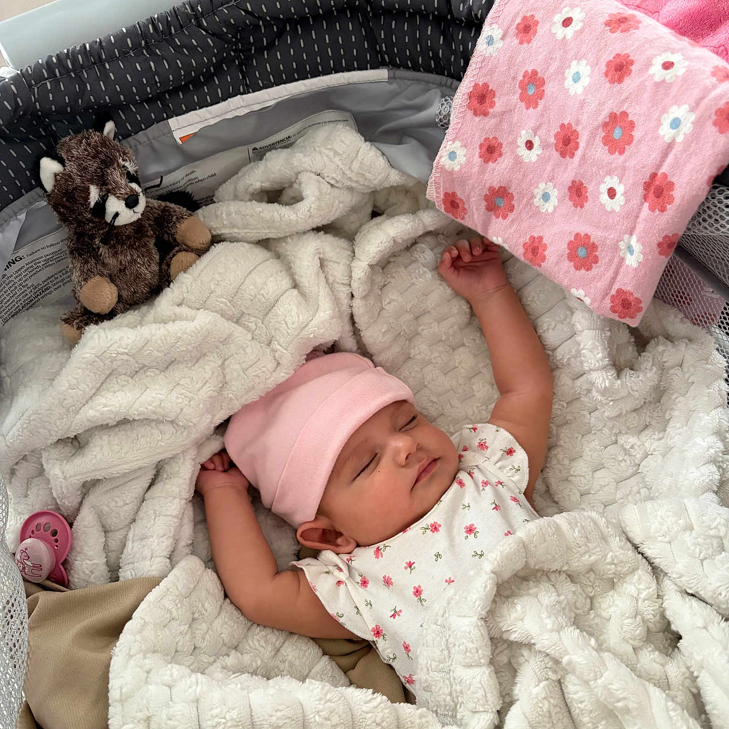 Julietta is registered to the contest to win money with this photo: adorable, baby, bed, blanket, child, comfort, cozy, cute, home, infant, peaceful, pink_hat, portrait, relaxation, resting, sleep, sleeping, soft_texture, stuffed_animal, toddler