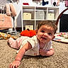 Julietta joined the competition — help win amazing prizes! baby, child, infant, smiling, crawling, floor, carpet, playroom, indoors, portrait, face, eyes, hands, clothing, dress, toys, stuffed_animal, shelves, wardrobe, nursery