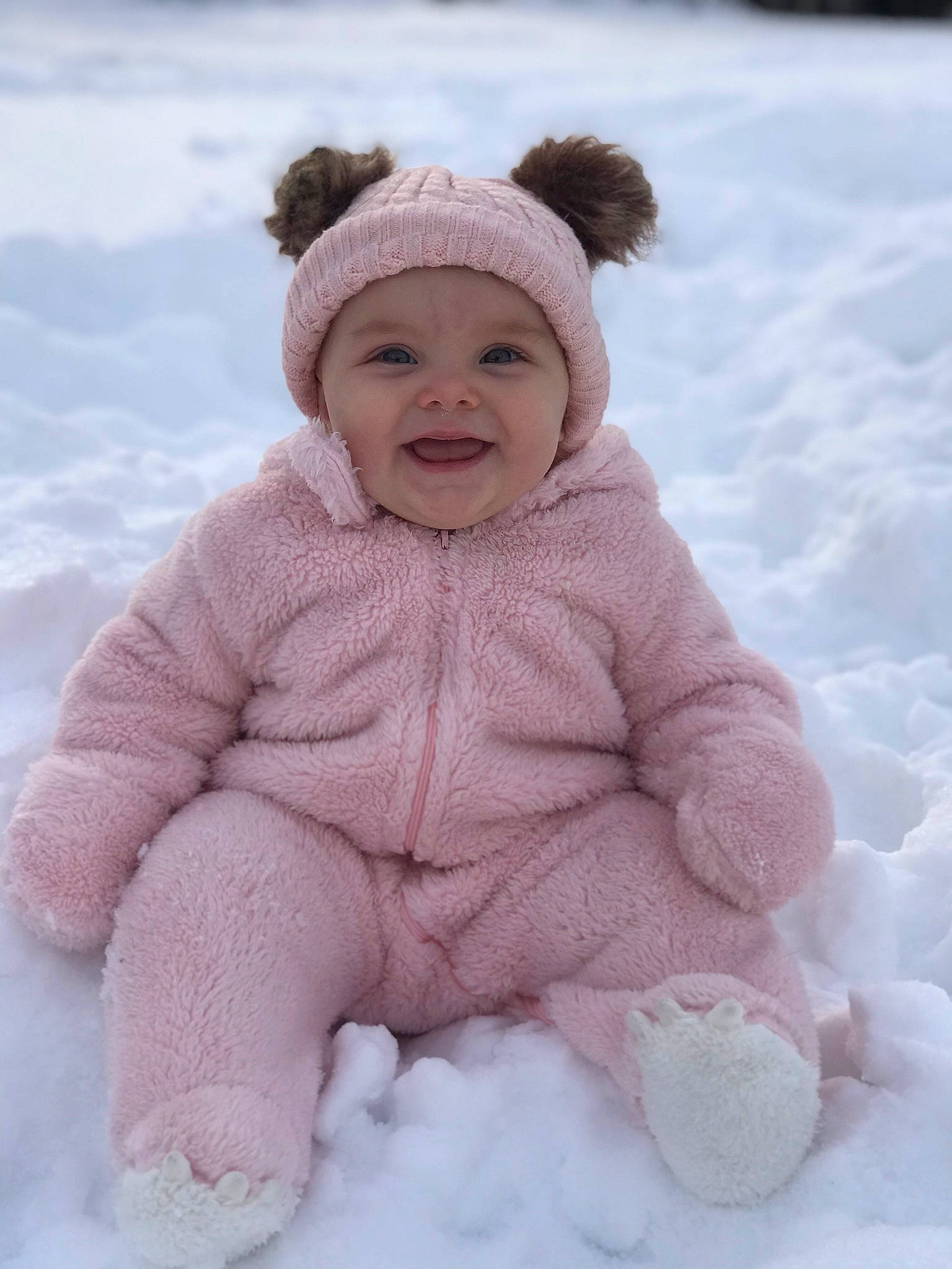 Claudia joined the competition — help win amazing prizes! baby, baby_toddler_clothing, cheek, child, ear, face, fun, fur, head, headgear, headwear, joy, nose, outerwear, person, pink, playing_in_the_snow, skin, smile, snow