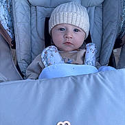 Rowan joined the competition — help win amazing prizes! baby, child, stroller, hat, knit_hat, blue_eyes, face, infant, outdoor, warm_clothing, padded_seat, blanket, person, cute, portrait, baby_clothes, bundle_up, seat_belt, baby_boy, infant_care