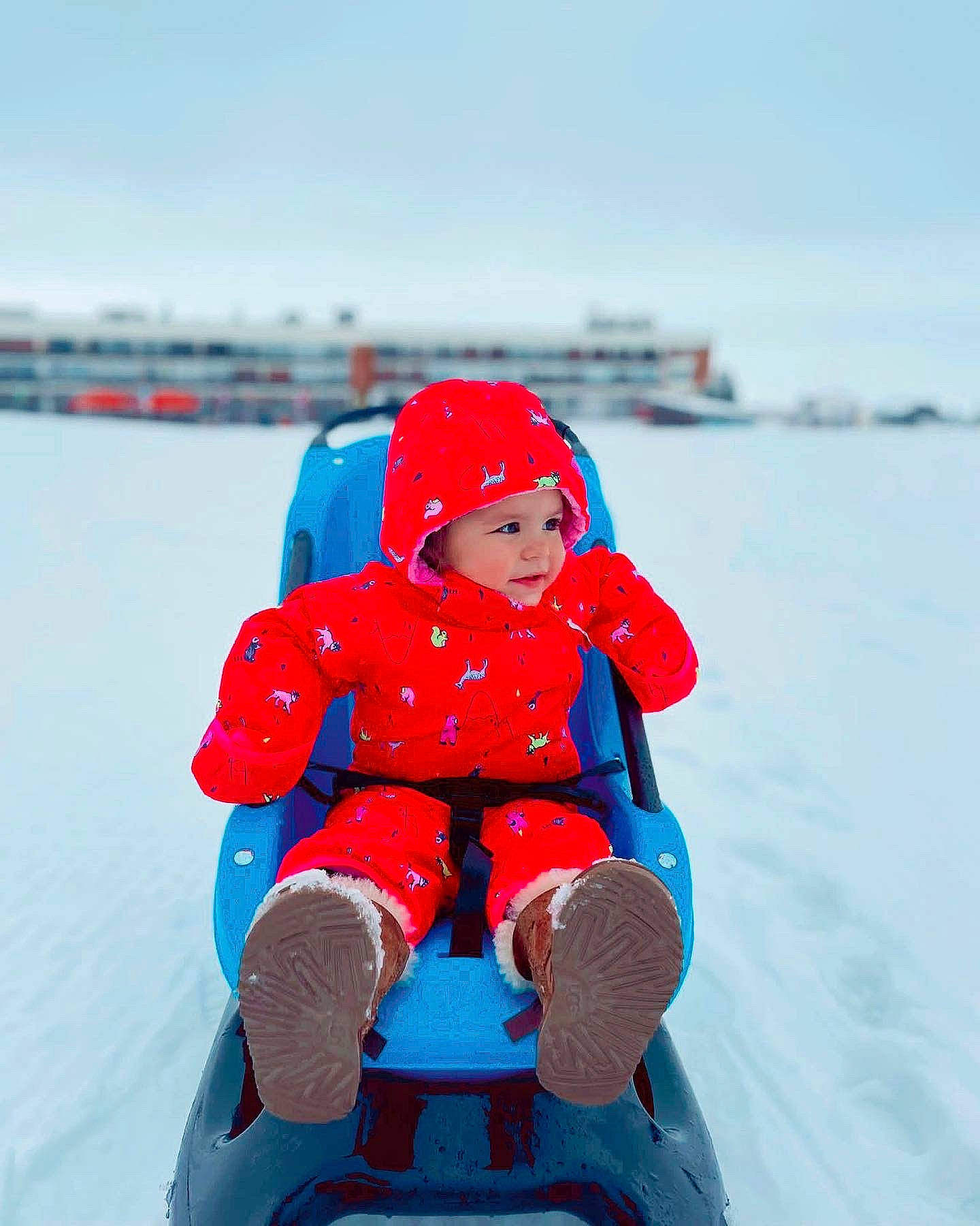 Luana a rejoint le concours — aidez-le/la à gagner de superbes lots ! baby, baby_toddler_clothing, electric_blue, freezing, fun, happy, headwear, ice_cap, leisure, outerwear, people_in_nature, person, personal_protective_equipment, recreation, sitting, sky, snow, toddler, travel, vehicle