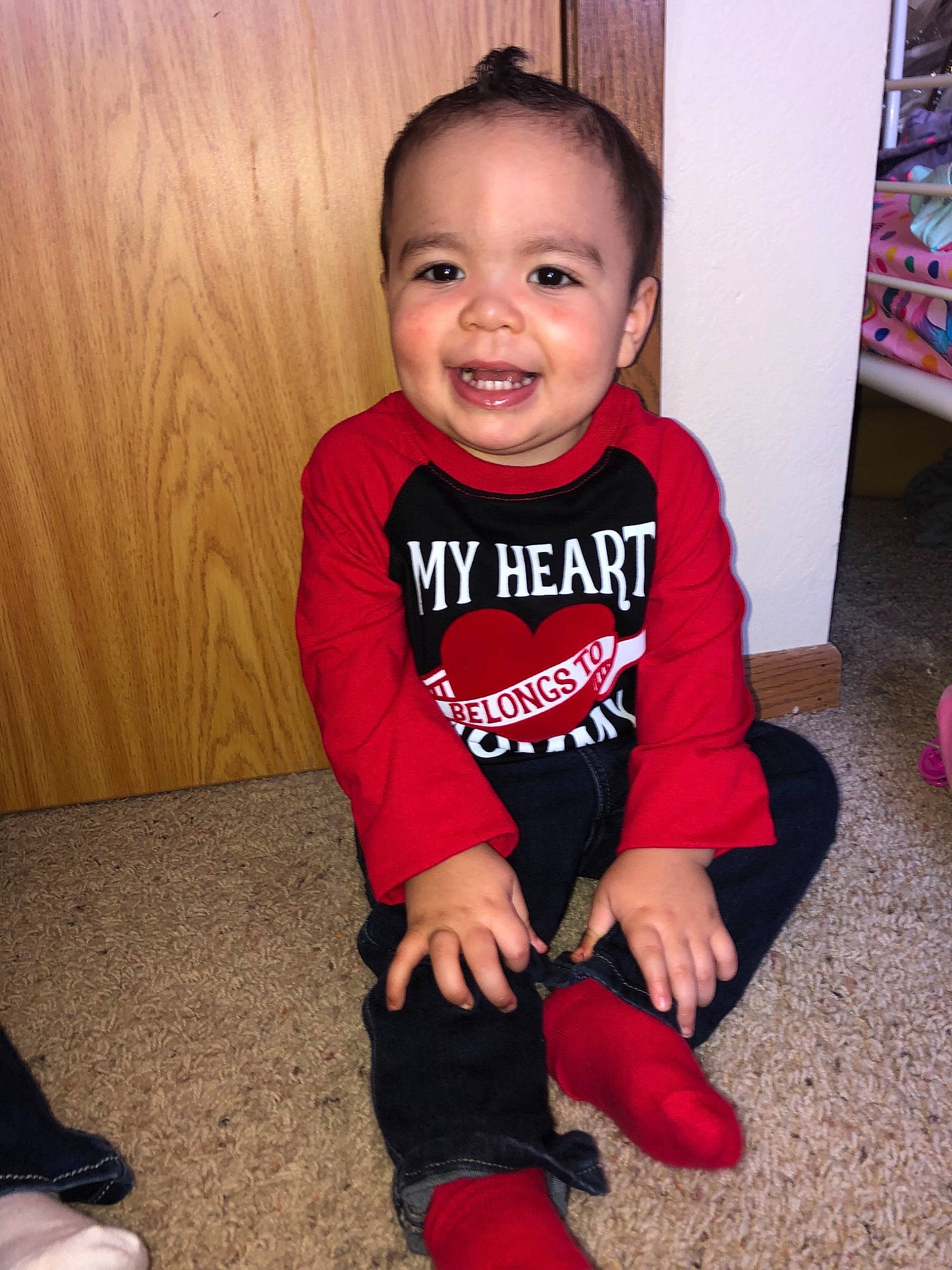 Major joined the competition — help win amazing prizes! arm, baby_toddler_clothing, child, footwear, human_leg, joy, knee, leg, outerwear, pajamas, person, pink, play, red, shoe, skin, sleeve, smile, standing, t_shirt