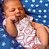 Phebe joined the competition — help win amazing prizes! baby, newborn, sleeping, onesie, heart_pattern, blanket, blue_blanket, flower_pattern, infant, cute, peaceful, skin, hand, foot, portrait, closeup, child, resting, cozy, soft