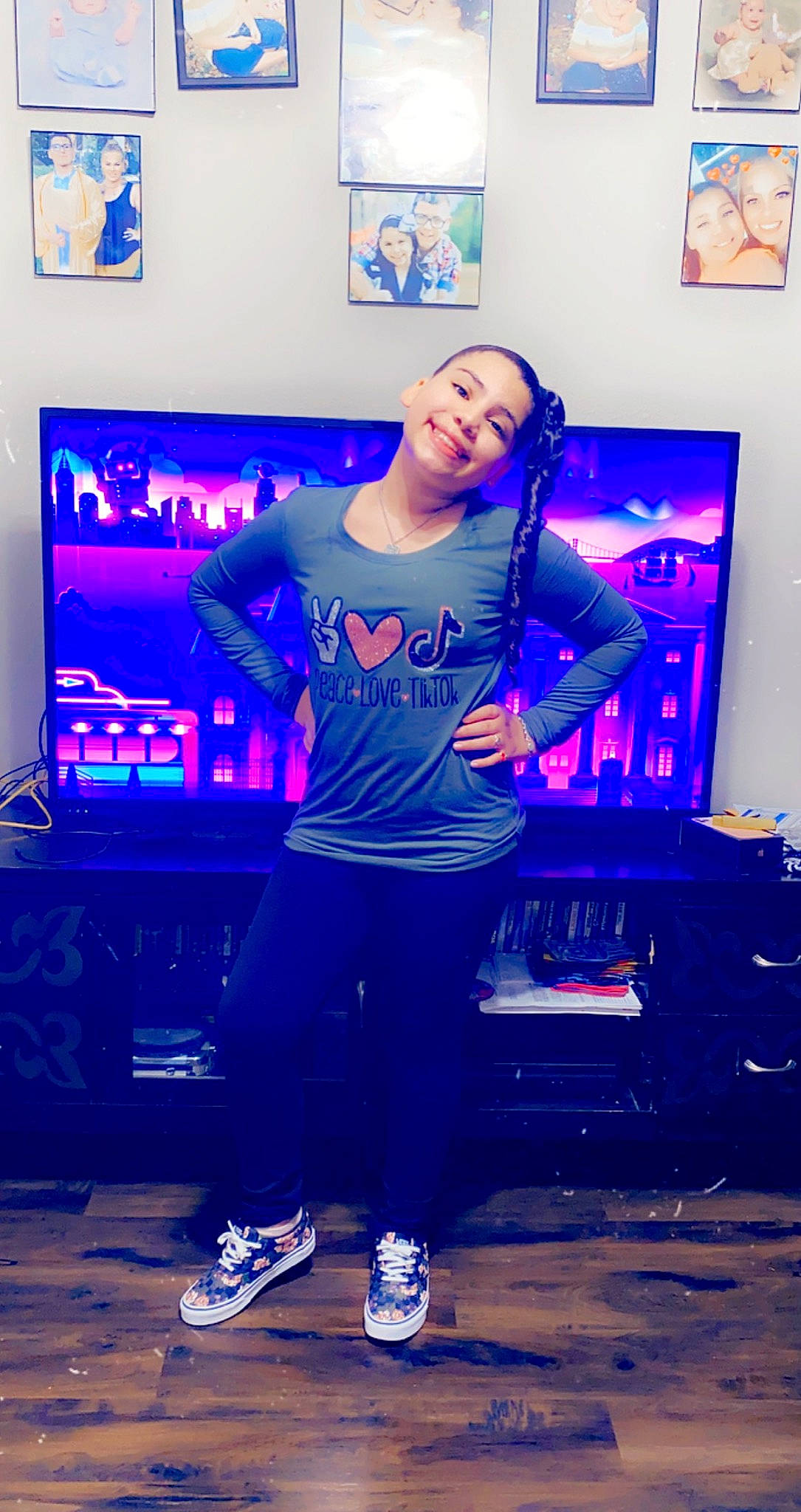 Jordin joined the competition — help win amazing prizes! blue, electric_blue, entertainment, event, fashion, fashion_design, flash_photography, fun, joy, leisure, magenta, performing_arts, person, picture_frame, purple, shoe, smile, sneakers, sportswear, standing