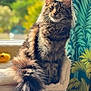 animal, beige, brown, cat, cat_tree, cozy, curtain, feline, fluffy, indoor, long_hair, looking, pet, plant_pattern, portrait, relaxed, sunlight, tabby_cat, tail, window