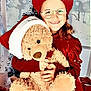 child, smiling, glasses, red_beret, red_dress, teddy_bear, santa_hat, hugging, holiday, christmas, festive, winter, snow, background, indoor, portrait, happy, toy, celebration, cute