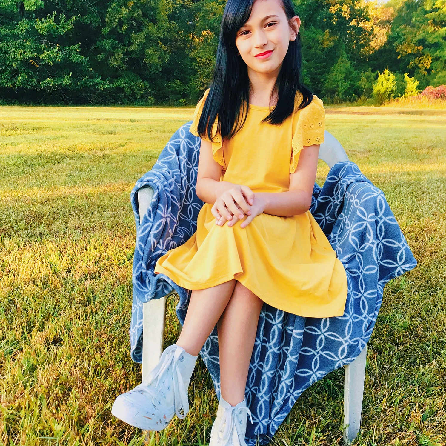 Emerald joined the competition — help win amazing prizes! blouse, clothing, dress, face, female, footwear, girl, grass, hair, happy, head, person, photography, plant, portrait, shoe, sitting, sleeve, smile, teen