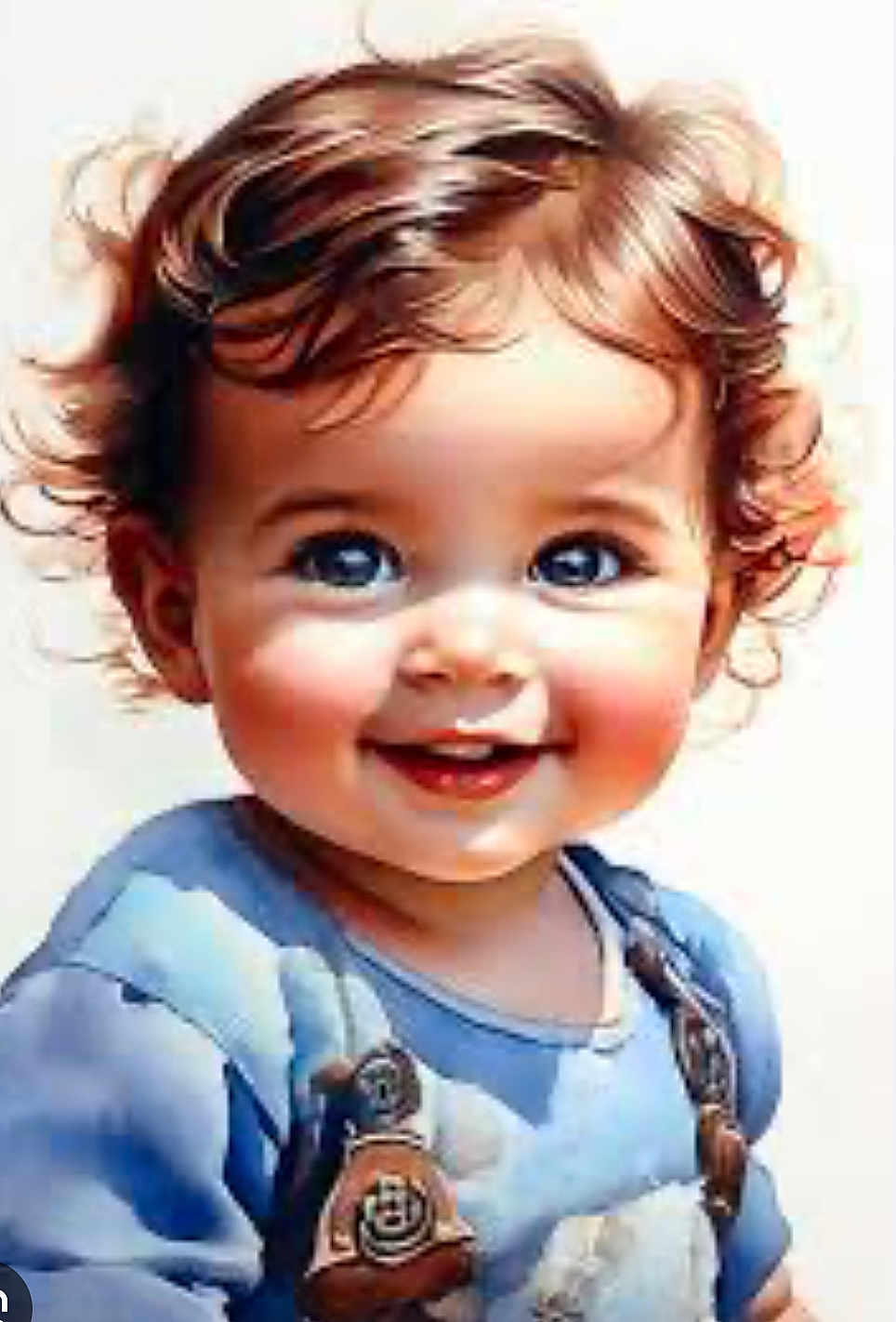 Charlie participe au concours pour gagner de l'argent avec cette photo : baby, child, smile, curly_hair, blue_clothing, cute, face, portrait, happy, infant, young_child, bright_eyes, cheeks, skin, cute_outfit, casual_wear, closeup, adorable, expression, innocence