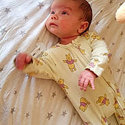 Augustin participe au concours pour gagner de l'argent avec cette photo : baby, bed, blanket, child, clothing, cute, fabric, face, hand, indoors, infant, lying_down, onesie, pacifier, pattern, sleepwear, soft, stars, winnie_the_pooh, young