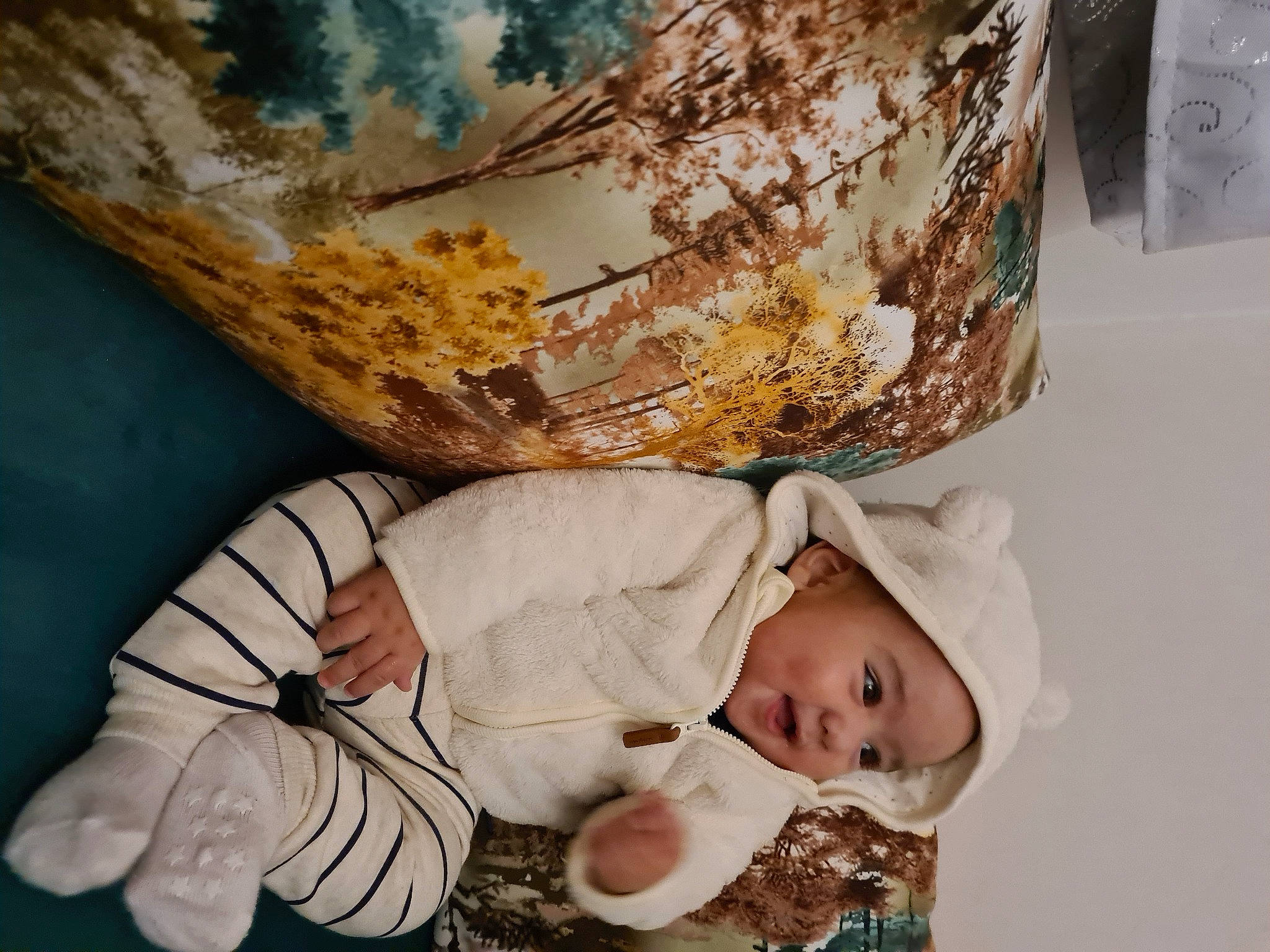 Yanis a rejoint le concours — aidez-le/la à gagner de superbes lots ! baby, baby_products, baby_toddler_clothing, cheek, child, comfort, fur, happy, headwear, linens, person, room, sitting, sleeve, toddler, tree, winter, wood, wool