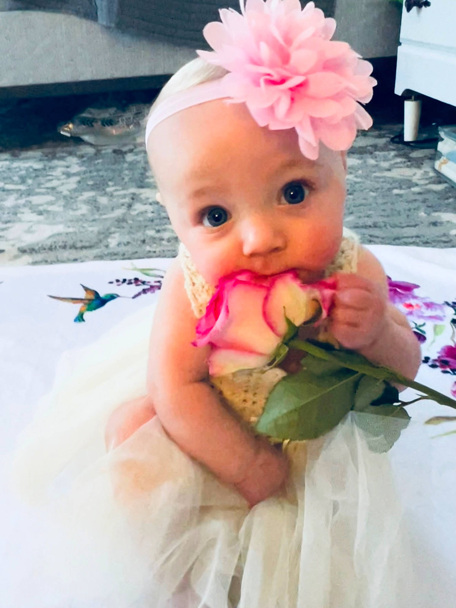 Mylah joined the competition — help win amazing prizes! baby, baby_toddler_clothing, beauty, child, cut_flowers, dress, finger, flower, hair_accessory, hand, happy, hat, headpiece, headwear, peach, person, petal, pink, plant, skin