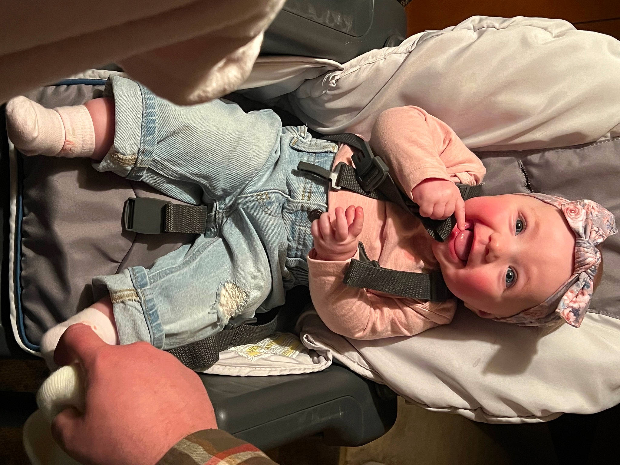 Mylah joined the competition — help win amazing prizes! abdomen, arm, baby, camouflage, child, comfort, elbow, finger, flash_photography, gesture, glasses, hand, hat, headwear, joint, military_camouflage, person, sitting, thigh, thumb