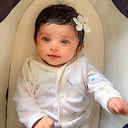 Avinaaz joined the competition — help win amazing prizes! baby, carrier, child, clothing, cushion, cute, eyes, face, flower, hair, indoors, infant, lying_down, onesie, pattern, person, skin, smile, soft, white