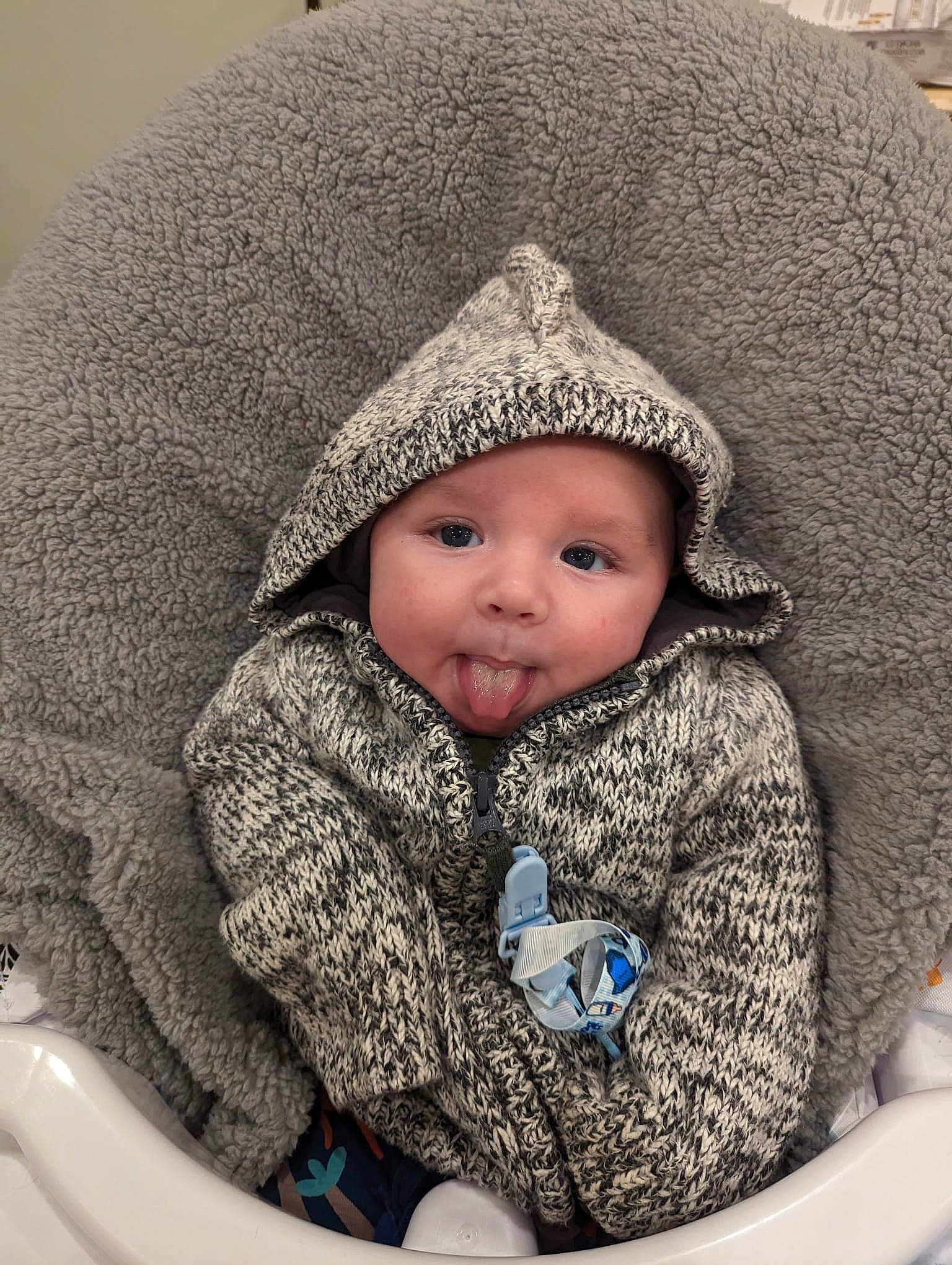 Douglas is registered to the contest to win money with this photo: baby, baby_toddler_clothing, cap, cheek, comfort, face, freezing, grass, happy, headgear, headwear, hood, jacket, knit_cap, outerwear, person, skin, sleeve, toddler, winter