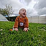 baby, child, cloudy_sky, crawling, cute, fence, flower, grass, greenery, infant, nature, outdoor, overcast, person, plant, playing, sweater, tree, yard, young_child