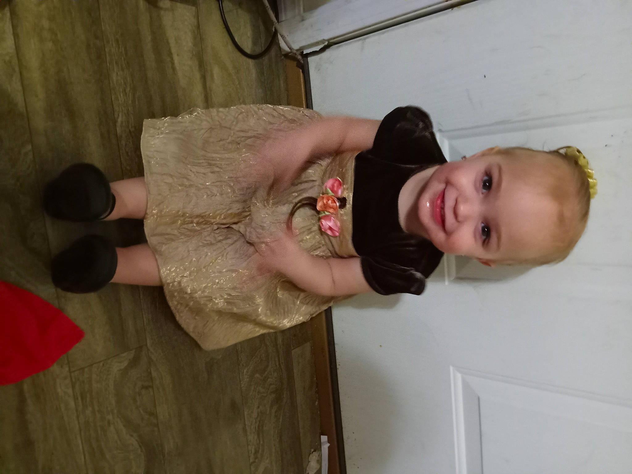 Melody joined the competition — help win amazing prizes! abdomen, baby, baby_toddler_clothing, child, cocktail_dress, embellishment, finger, flooring, fun, happy, hardwood, hat, human_body, joy, pattern, person, room, smile, toddler, wood