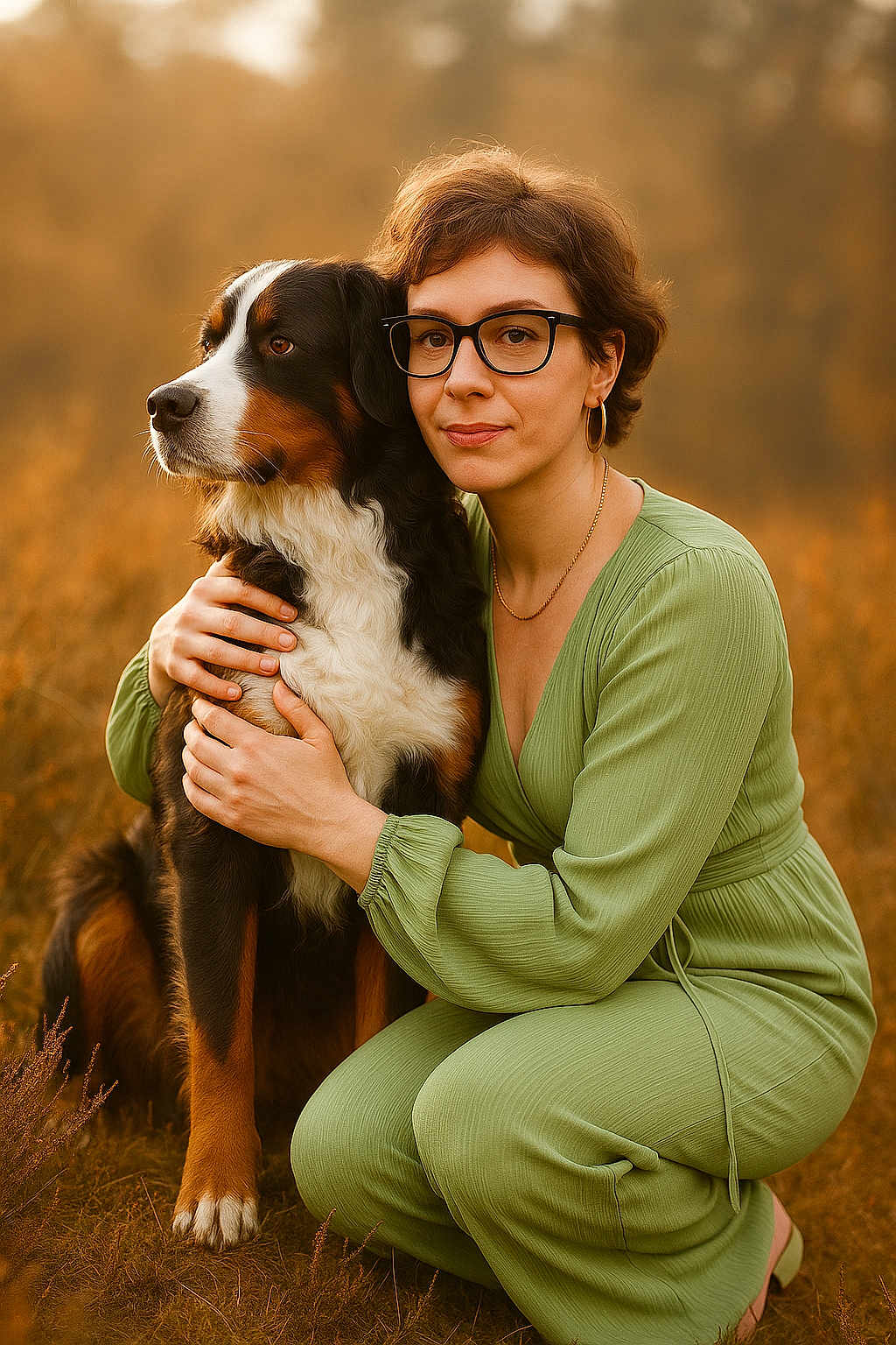 Leila participe au concours pour gagner de l'argent avec cette photo : affection, animal, bernese_mountain_dog, brown_hair, dog, earrings, fall, friendship, glasses, golden_hour, grass, green_dress, hug, kneeling, nature, outdoor, pet, portrait, warm_lighting, woman