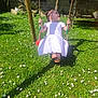 Alia a rejoint le concours — aidez-le/la à gagner de superbes lots ! child, girl, swing, white_dress, outdoor, grass, flowers, daisies, sunlight, shadow, playground, tree, summer, happy, nature, garden, footwear, rope, fun, smile